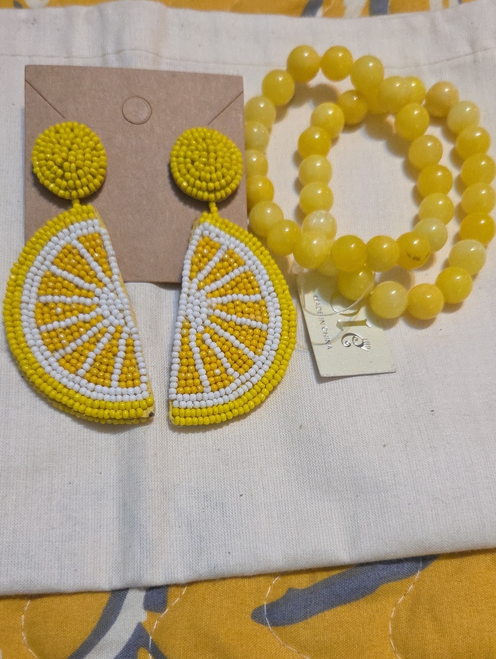 Yellow Beaded Citrus Earrings and Bracelet Set
